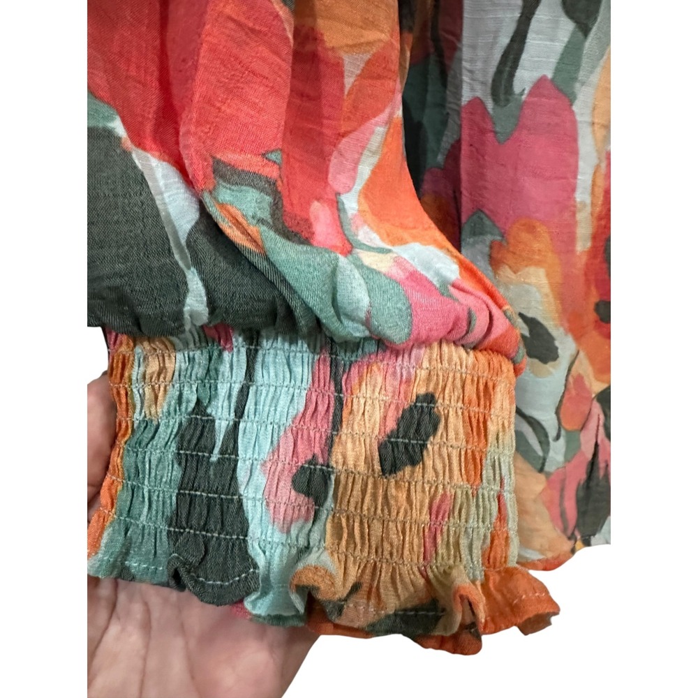 Hope & Harlow Floral Blouse XL Orange Pink Teal Poppy Print Smocked Cuff Top - Picture 3 of 5
